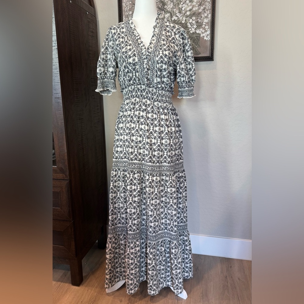 Max Studio Black and White Printed Smocked-Waist Maxi Dress